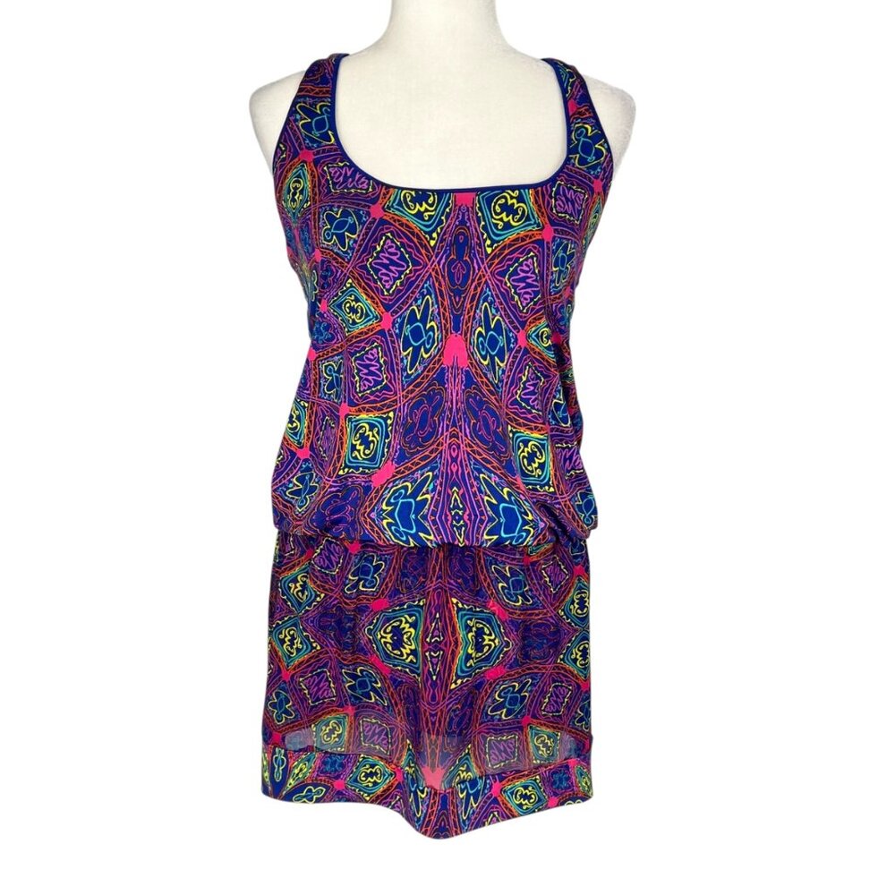 Analili Womens Sleeveless Blouson Mini Dress Purple Abstract Print size XS